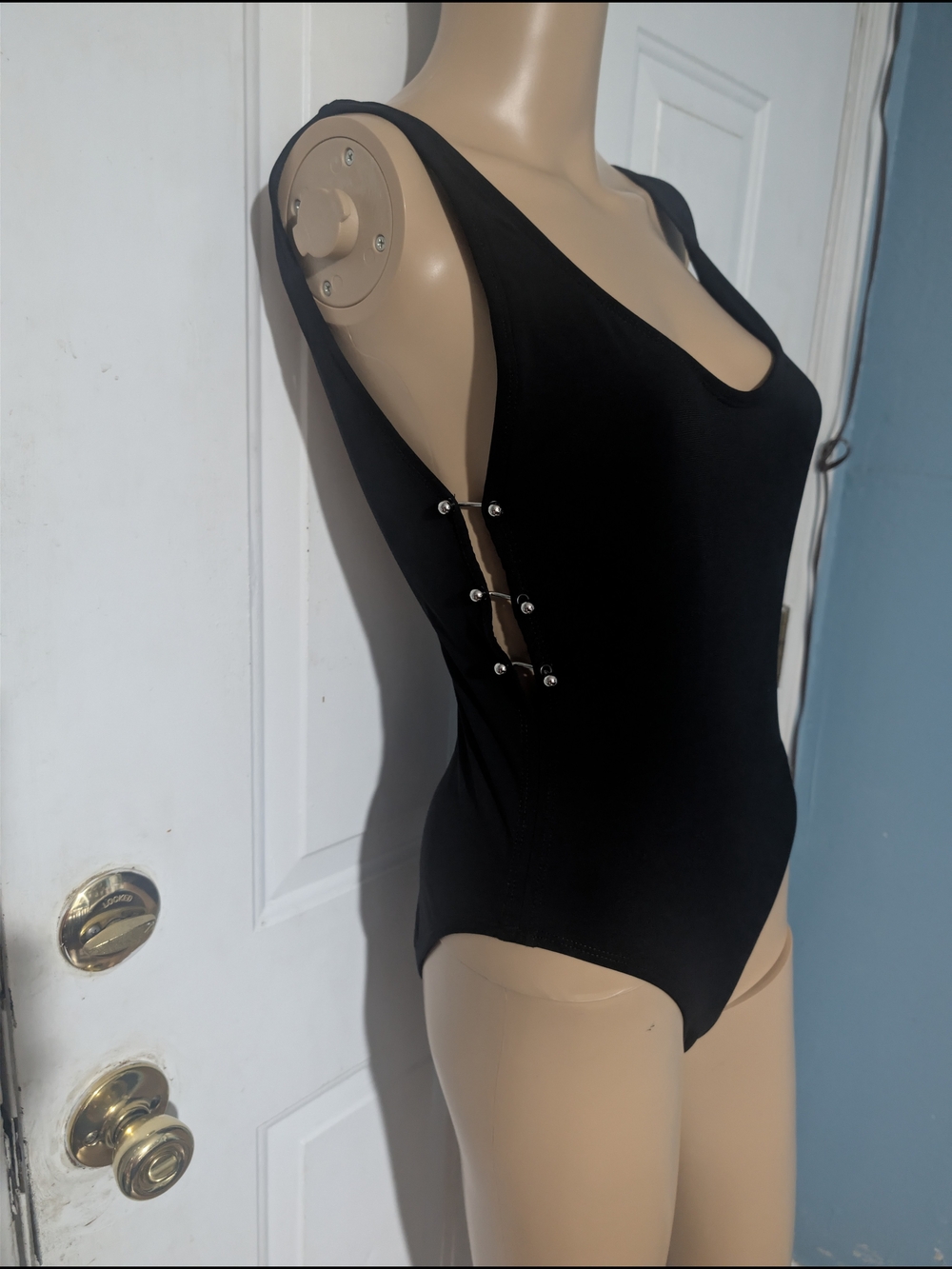 Robin Piccone Black Scoop-Neck Bodysuit with Side Cutout Hardware